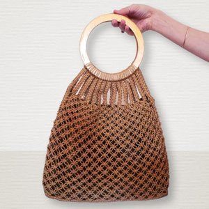 Macrame Jute Summer Light Brown Handbag With Wooden Handles